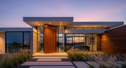 Fototapeta premium A modern, minimalist house with a large glass front door and a wooden front door, set against a backdrop of a purple and pink sky with a few clouds.