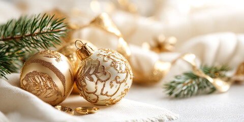  bright Christmas composition with golden ornaments, ribbons and pine branches on white background