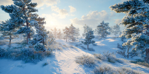 winter landscape with soft falling snow, pine trees covered in snow and warm morning sunlight