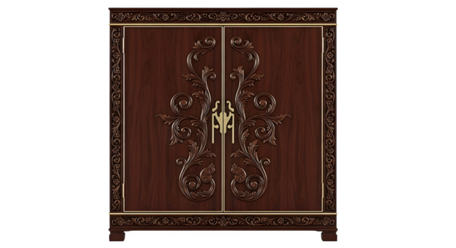 Dark wood cabinet with gold trim and ornate carvings, isolated on white isolated on transparent background