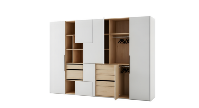 Modern white and wood wardrobe with open doors, revealing storage, isolated on transparent background