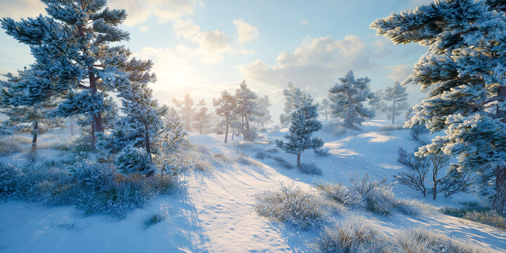 winter landscape with soft falling snow, pine trees covered in snow and warm morning sunlight