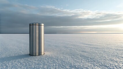 A solitary metal trash can stands in a vast, snow-covered, frozen landscape under a cloudy sky.