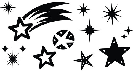 Obraz premium Celestial star illustrations featuring various star shapes and shooting stars for creative designs 