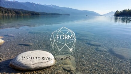 A translucent geometric structure with the word FORM displayed, floating on a calm crystalline lake surface with mountains in the background.