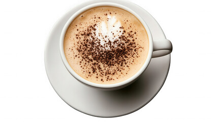 Overhead shot of a cappuccino in a white cup with chocolate sprinkles on a white saucer on black on transparent background
