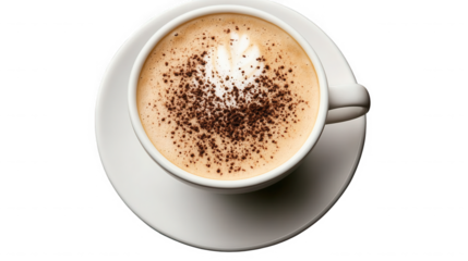 Overhead shot of a cappuccino in a white cup with chocolate sprinkles on a white saucer on black on transparent background
