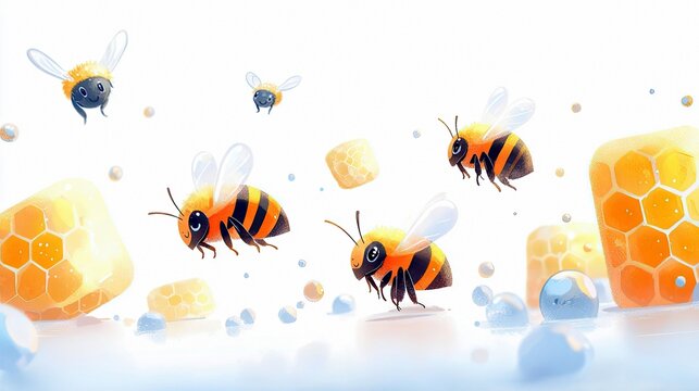 A whimsical illustration featuring several cartoon bees with black and orange stripes, transparent wings, and friendly faces. They are depicted in mid-flight am - Powered by Adobe