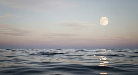 A serene seascape at twilight featuring a bright full moon rising over the calm ocean with its gentle reflection shimmering on the tranquil water surface