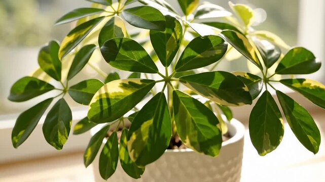 Close Up of Schefflera Arboricola Plant in White Pot on Window Sill