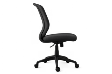 Black ergonomic office chair on transparent background, featuring a swivel base and wheels, ideal for workspace, business, and comfort