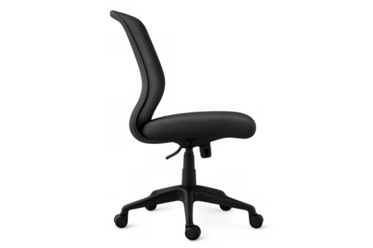 Black ergonomic office chair on transparent background, featuring a swivel base and wheels, ideal for workspace, business, and comfort