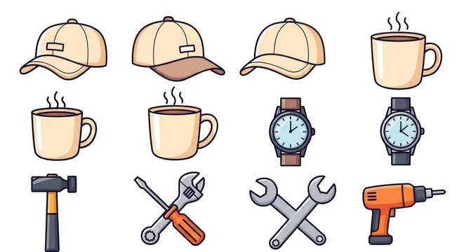 A collection of various objects, including a baseball cap, coffee cup, watch, hammer, screwdriver, wrench, and drill, arranged in a grid pattern.