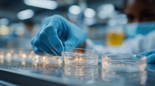 Laboratory technician carefully handles petri dishes during scientific research procedure investigation.