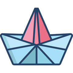 Origami paper boat with pink and blue colors against a white background symbolizing creativity and simplicity