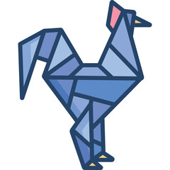 Origami Rooster Made Of Blue Paper Folded Into Geometric Shapes Standing On White Background With Yellow Feet Details And Pink Crest Detail