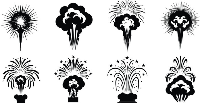 Explosive fireworks illustrations featuring various designs and styles for celebration and festive occasions 
