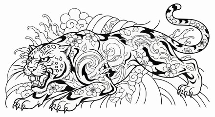 Majestic jaguar prowling with intense focus and determination in detailed illustration.