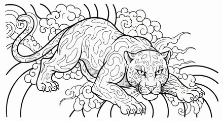 Powerful Jaguar Stalking with Intense Gaze Line Art.