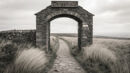 A weathered stone archway with the word 'Threshold' above, framing a winding dirt path into a vast landscape.