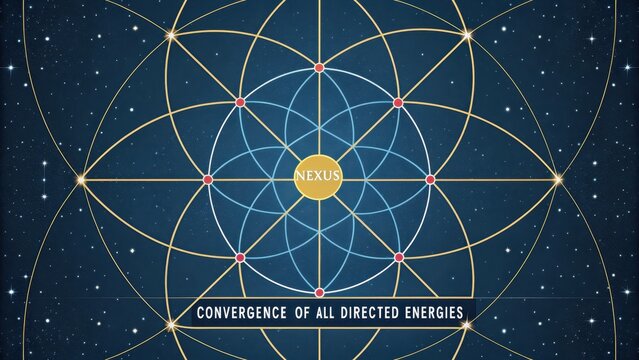 Central Nexus convergence within a cosmic geometric network and starry background - Powered by Adobe