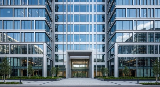 A modern office building with glass windows and a glass entrance.