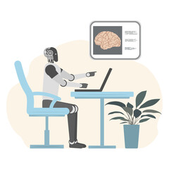 Robot working at desk using laptop and pointing at brain diagram, concept of artificial intelligence