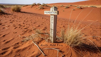 A weathered wooden post with a sign reading FOUNDATION stands in a rust-colored desert landscape with the words Roots Hold Firm inscribed below
