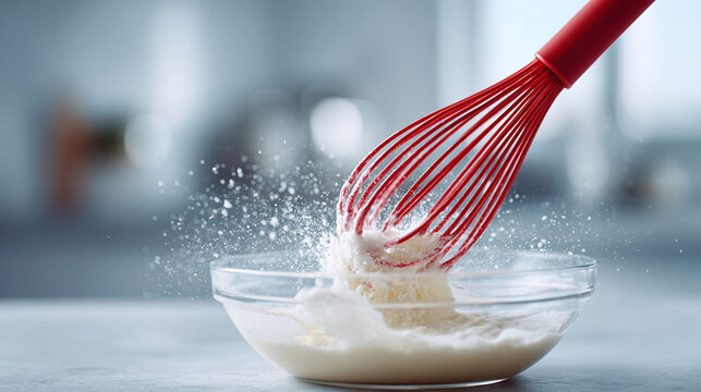 Red whisk mixing batter in a glass bowl, creating a dynamic splash. Perfect for illustrating cooking, baking, recipes, and the joy of creating delicious food.