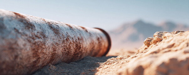 Fototapeta premium Eroded metal pipe resting in a sandy landscape. A metaphor for decay, infrastructure, or environmental issues. Use for concepts of abandonment, waste, or industry.