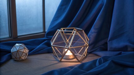 Geometric Glass and Metal Candle Lantern with Soft Light on Blue Fabric