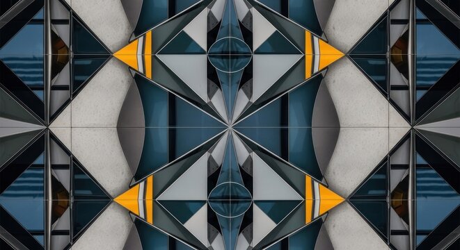 Symmetrical geometric pattern of a building facade with reflective glass panels. - Powered by Adobe