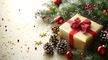 Festive gift box surrounded by holiday decorations on a shiny surface during Christmas season