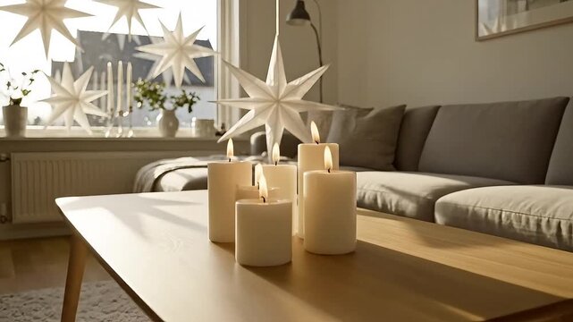 Cozy hygge living room with burning advent candles and festive Christmas star decorations creating a warm holiday atmosphere