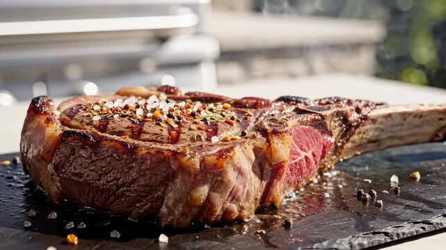 Grilled Tomahawk Steak Garnished With Salt and Spices, Close Up