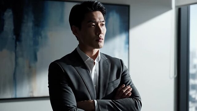Confident Asian Businessman in Modern Office Looking Pensive Professional Man in Suit with Arms Crossed in Contemporary Workspace Serious Entrepreneur Standing