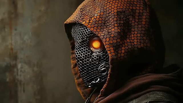 Figure wearing textured hood and metallic mesh mask with glowing eyes