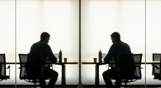 Mysterious silhouette of a businessman sitting alone at a conference table, viewed through a frosted glass wall that creates a symmetrical reflection and a sense of privacy