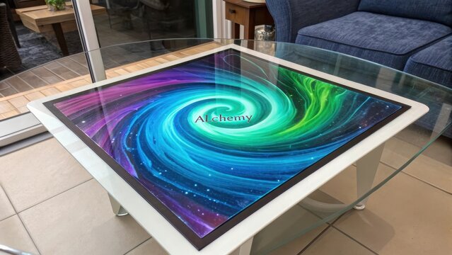 Modern coffee table featuring a vibrant, swirling abstract art design with 'Alchemy' text - Powered by Adobe
