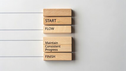 Seven identical wooden blocks arranged vertically, displaying a clear process from start to finish with consistent progress