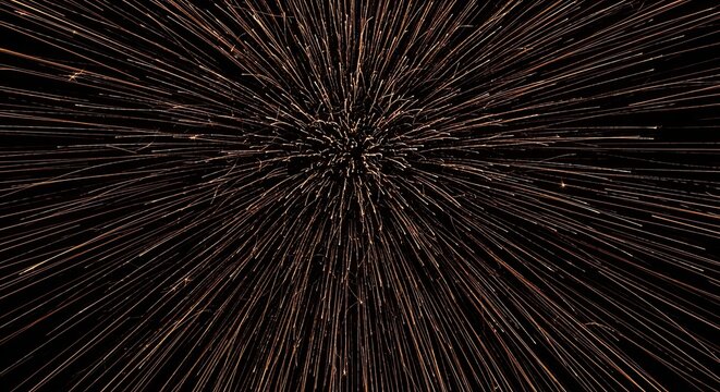 A spectacular long-exposure photograph of a golden firework exploding in a spherical burst against the dark night sky, creating a beautiful abstract pattern of light trails
