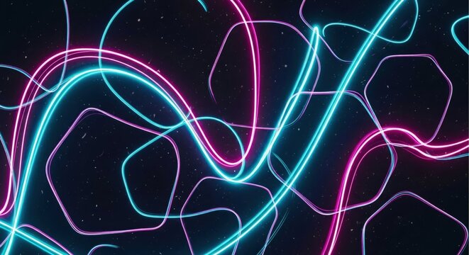 Dynamic Neon Light Trails Intertwined on Dark Background with Geometric Shapes. - Powered by Adobe