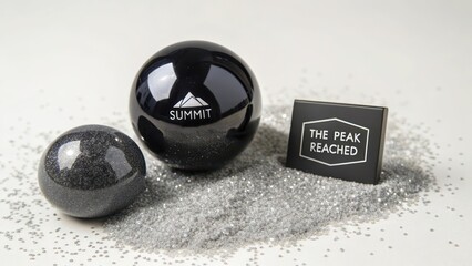 Polished black obsidian sphere with 'Summit' logo and 'The Peak Reached' card, symbolizing accomplishment