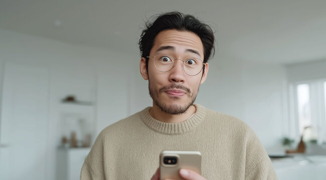 Surprised man wearing glasses reacts with confusion while checking smartphone message indoors.