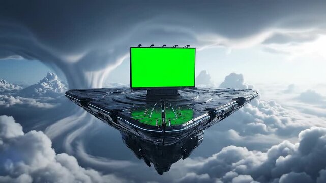 A futuristic floating digital display screen on an advanced platform amidst dramatic clouds