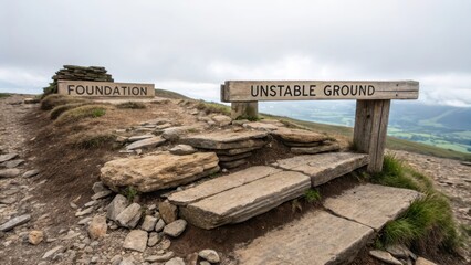 Unstable Ground warning sign on a precarious mountain trail made of uneven weathered stone slabs