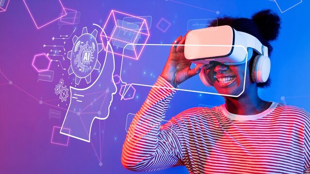A joyful young woman explores the world of virtual reality with a headset. The colorful background features digital elements representing artificial intelligence and innovation. Raster - Powered by Adobe