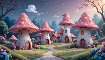 pastel cartoon mushroom houses, cute tiny village, smooth outlines, soft dreamy