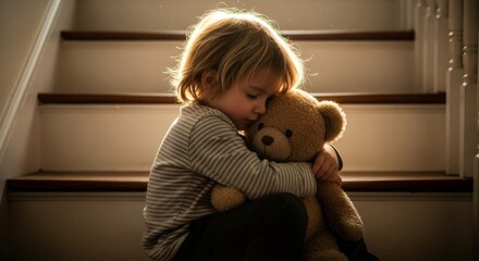 Child embracing teddy bear on a staircase, concept of comfort, emotional support, and childhood security for parenting or childcare themes.