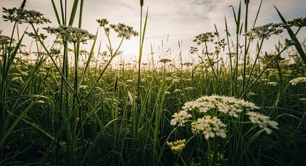 Fototapeta premium An immersive low-angle view of a serene meadow at sunrise, with white wildflowers and tall green grass covered in morning dew, all backlit by the warm, golden sunlight